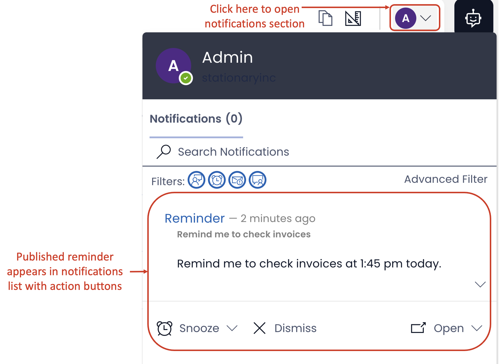 Image showing how to access notifications section for reminders